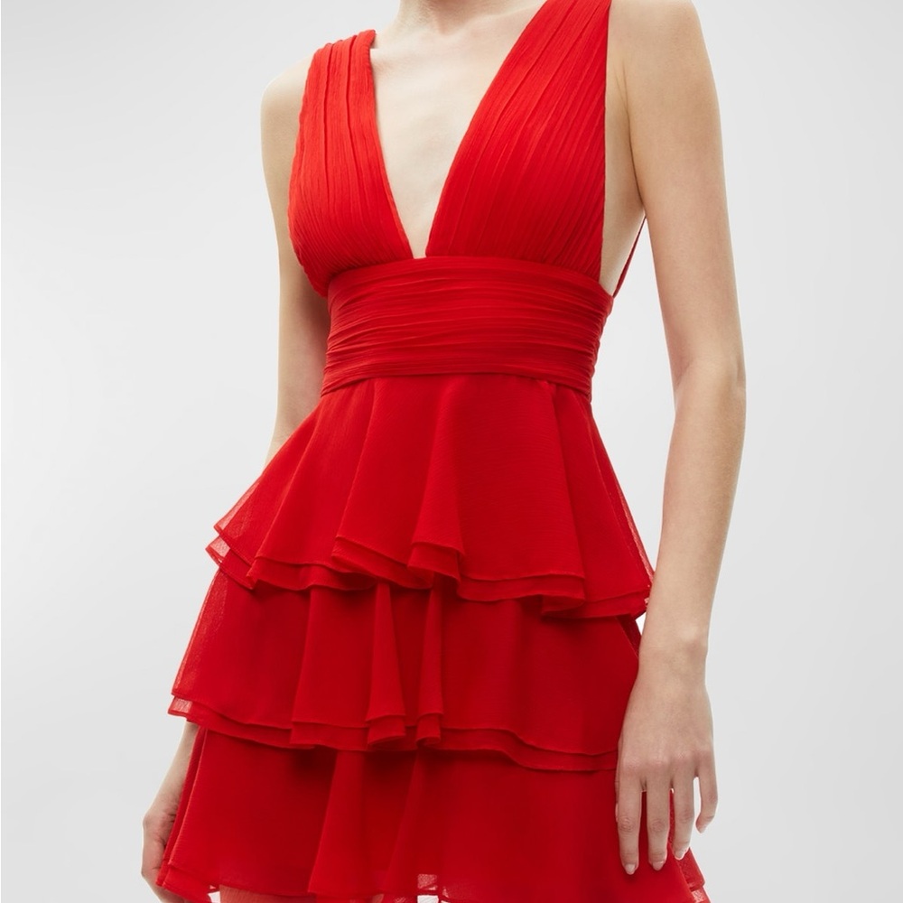 Alice + Olivia Women's Red Ruffled Tiered V-Neck Holly A-Line Dress